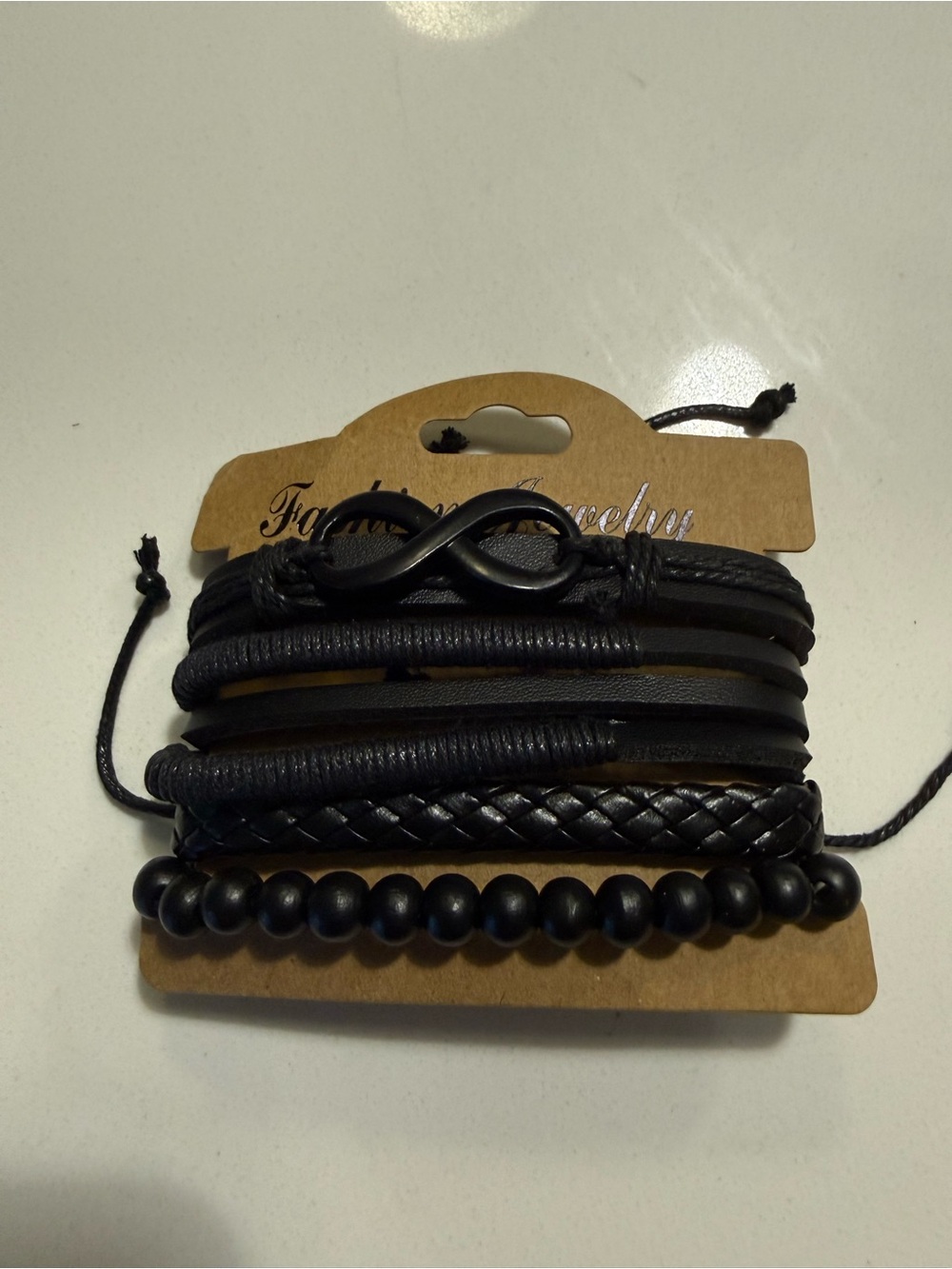 Men's Black Layered Leather & Bead Bracelet Set